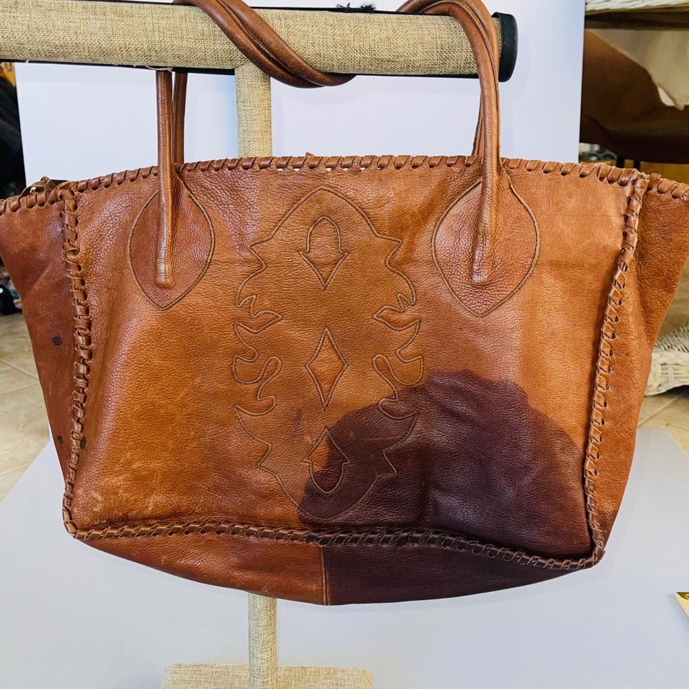 Carla Mancini Leather Whipstitch Tote Bag Cognac Brown Embossed Medallion Large